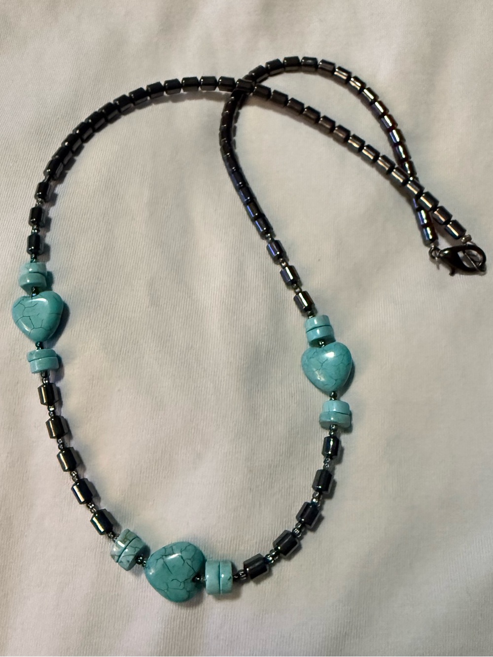 Vintage Turquoise Howlite and Hematite Beaded Necklace, Lobster Clasp
